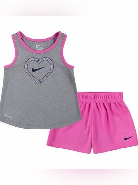 Nike DRI-FIT Girls 2 Piece Tank & Shorts Set 4T Pink Gray Heart Athletic Set